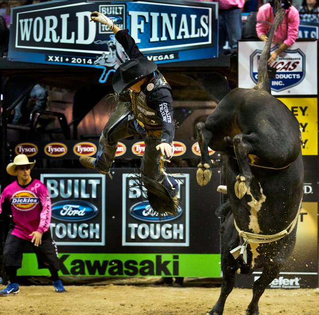 Scott Schiffner is thrown high off of Stanley FatMax during the PBR 2014 World Finals on Thursday, October 23, 2014. L.E. Baskow.