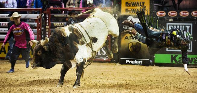 L.J. Jenkins is thrown off the back of Pound The Alarm during the PBR 2014 World Finals on Thursday, October 23, 2014. L.E. Baskow.