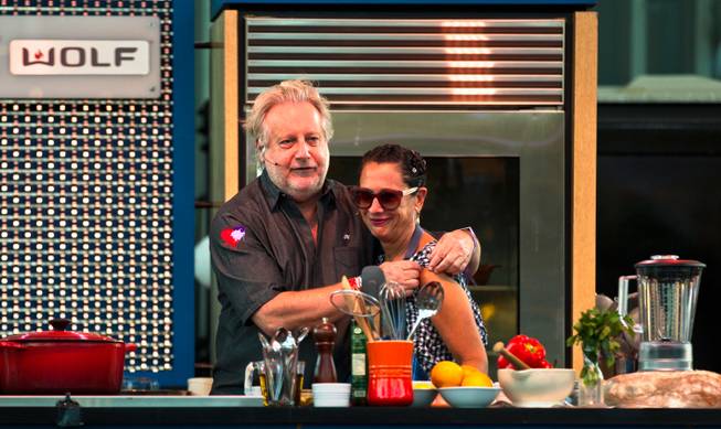 Jonathan Waxman and Nancy Silverton team up on a dish at Chefs on Stage during day 2 of the Life is Beautiful Festival on Friday, October 24, 2014.