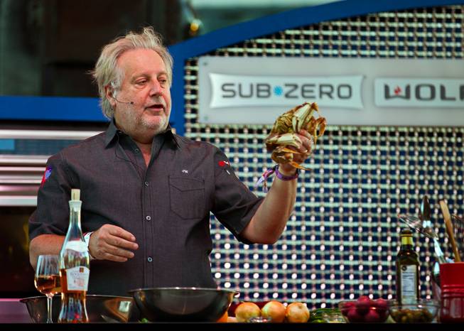 Jonathan Waxman talks Dungeoness crab as he and Nancy Silverton team up on a dish at Chefs on Stage during day 2 of the Life is Beautiful Festival on Friday, October 24, 2014.