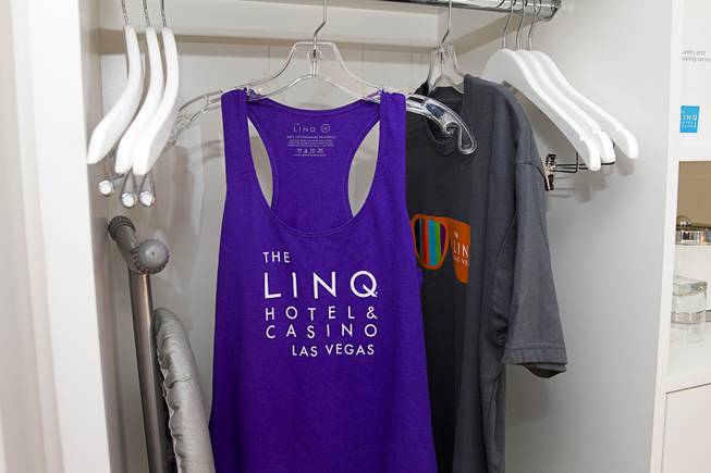 Linq-branded shirts hand from a closet during a tour of the Linq Hotel and Casino (formerly the Imperial Palace and The Quad) Monday, Oct. 27, 2014. The casino in the first phase of a $223 million renovation project.