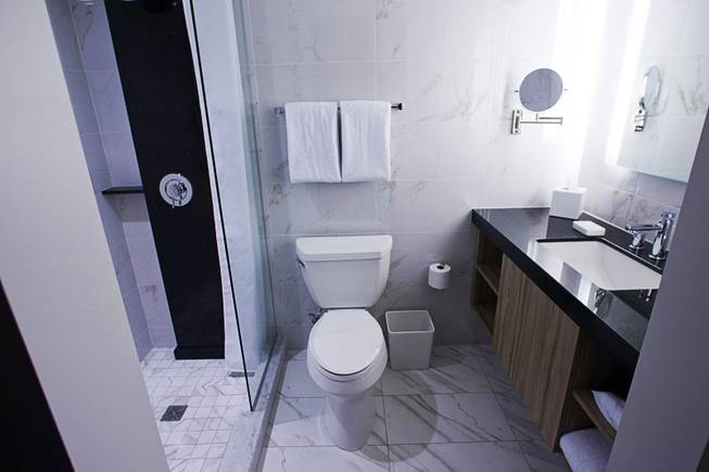 A view of the bathroom in a standard room during a tour of the Linq Hotel and Casino (formerly the Imperial Palace and The Quad) Monday, Oct. 27, 2014. The casino in the first phase of a $223 million renovation project.