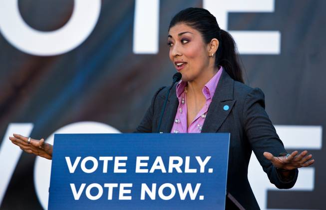Candidate Lucy Flores tells of her challenging early years during the Vote Early, Vote Now rally to stump for Nevada Democratic candidates at the Las Vegas Springs Preserve on Thursday, October 23, 2014.