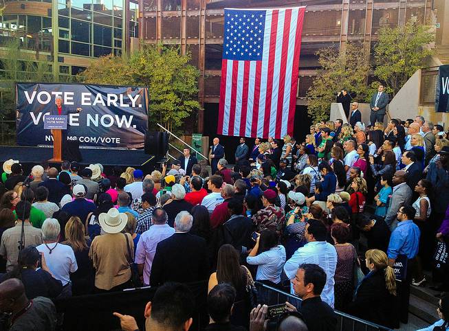 Former President Bill Clinton speaks at a rally for Democrats at the Springs Preserve on Tuesday, Oct. 28, 2014.
