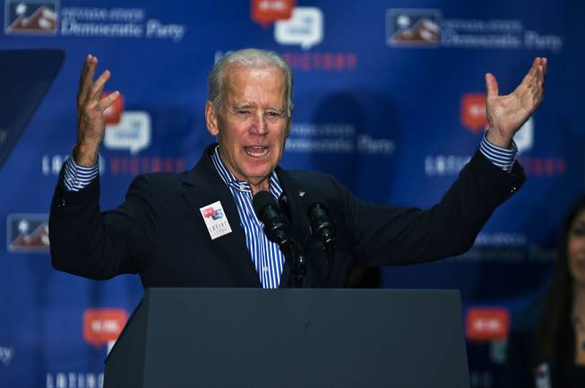 Vice President Joe Biden speaks in favor of Nevada Democrats during a rally at the Plumbers and Pipefitters Joint UA Local 525 union hall Saturday, Nov. 1, 2014. 