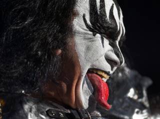 Gene Simmons of KISS sticks his tongue out as the band begins their residency at The Joint on Wednesday, Nov. 5, 2014, in Hard Rock Hotel Las Vegas.