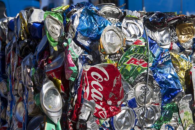 A bale of aluminum cans is displayed during a groundbreaking ceremony for the Republic Services' Southern Nevada Recycling Complex at the northeast corner of Cheyenne Avenue and Commerce Street in North Las Vegas Thursday, November 6, 2014. The 110,000 sq. ft. facility is expected to be the largest residential recycling complex in North America.