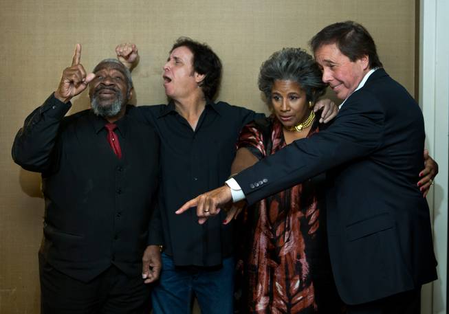 Tony Drake, Dennis Blair, Lisa Gay and Dennis Bono do the "South Point" backstage before the start of taping "The Dennis Bono Show" live for radio before an audience Thursday, Nov. 6, 2014. The show is produced every 2 p.m. Thursday at South Point Showroom.