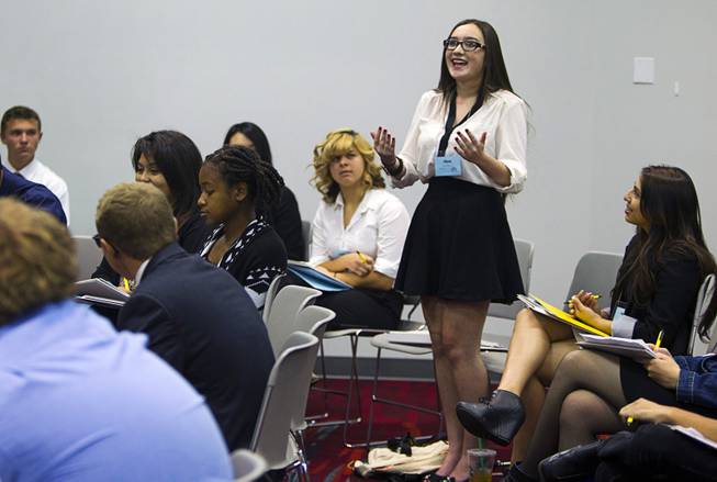 Alexis Toone of Desert Oasis High School gives an opinion on marijuana legalization during the 58th annual Las Vegas Sun Youth Forum at the Las Vegas Convention Center Thursday, Nov. 13, 2014.