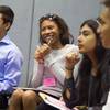 Maci Jordan, center, of Legacy High School, laughs during a discussion of U.S. involvement in world affairs during the 58th annual Las Vegas Sun Youth Forum at the Las Vegas Convention Center on Thursday, Nov. 13, 2014.