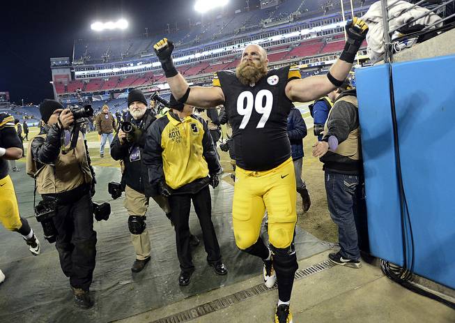 Pittsburgh Steelers defensive end Brett Keisel leaves the field after the Steelers beat the Tennessee Titans 27-24 in an NFL football game Monday, Nov. 17, 2014, in Nashville, Tenn. 