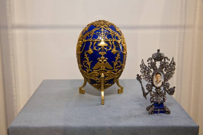 Imperial Cesarevich Easter Egg (1912) on display in the exhibit “Faberge Revealed” at Bellagio Gallery of Fine Art.
