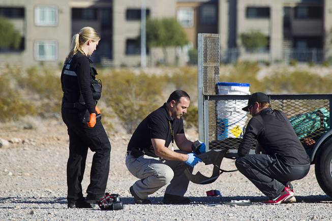 Investigators look at the back of a trailer after a man and a baby were hit by a car on South Rainbow Boulevard near Warm Springs Road Monday, Nov. 24, 2014.