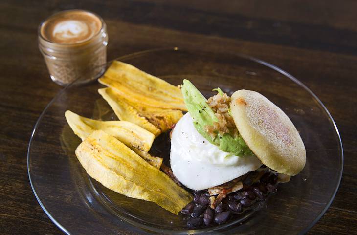 La Paisa at Makers & Finders Urban Coffee Bar, 1120 South Main St., in downtown Las Vegas Monday, Nov. 24, 2014. The dish is made with arepa, black beans, sweet maduros, carne mechada, an egg, avocado and crispy chicken skins. It is served with plantain chips.