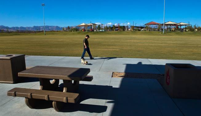 Ryan Lee strolls with his dog Hili about Mountain's Edge Regional Park on Friday, November 21, 2014.