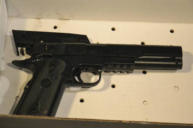 The BB gun of 12-year-old Tamir Rice. The boy died from his wounds a day after officers responded to an emergency call on Nov. 22, 2014 about a someone waving a "probably fake" gun at a playground. One officer fired twice after the boy pulled the fake weapon, which was lacking the orange safety indicator usually found on the muzzle, from his waistband but had not pointed it at police, Deputy Chief Ed Tomba said.