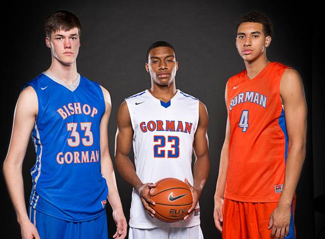 Bishop Gorman High basketball players Stephen Zimmerman, Nick Blair and Chase Jeter before the 2014-15 season.