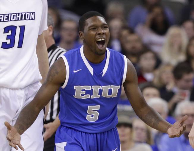 Eastern Illinois guard Reggie Smith (5) reacts to an offensive foul call against him during the first half of an NCAA college basketball game against Creighton in Omaha, Neb., Tuesday, Nov. 25, 2014.
