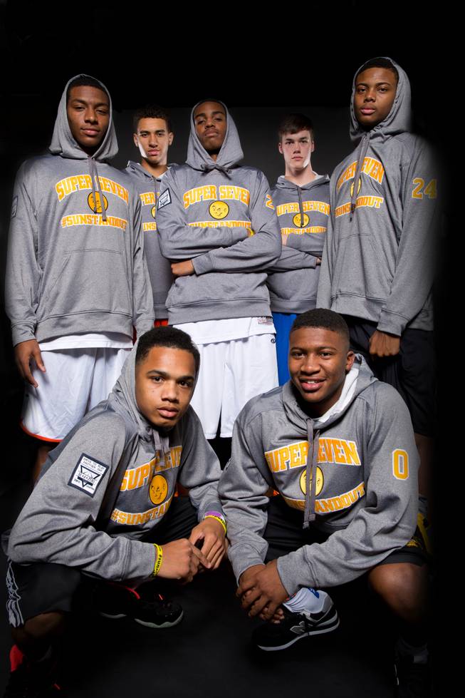 The Las Vegas Sun's Super Seven boys high school basketball team includes: Front row, from left, Canyon Springs' Jordan Davis and Clark's Colby Jackson. Back row, from left, Bishop Gorman's Nick Blair and Chase Jeter, Centennial's Troy Brown Jr., Gorman's Stephen Zimmerman and Las Vegas HIgh's Ray Smith.