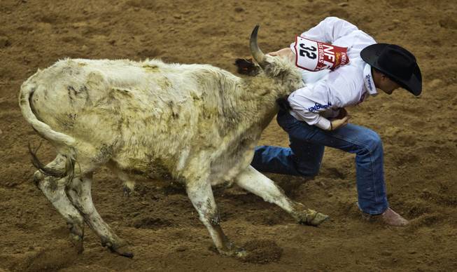 Steer wrestler Trevor Knowles from Mount Vernon, Ore., gets ahead of his steer during the 56th Wrangler  National Finals Rodeo at the Thomas & Mack Center on Tuesday, December 9, 2014. L.E. Baskow.