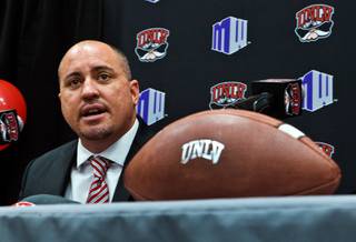 Tony Sanchez is announced as the new UNLV football team head coach by athletic director Tina Kunzer-Murphy and director of media relations Mark Wallington in the Stan Fulton Building ballroom on Thursday, December 11, 2014.