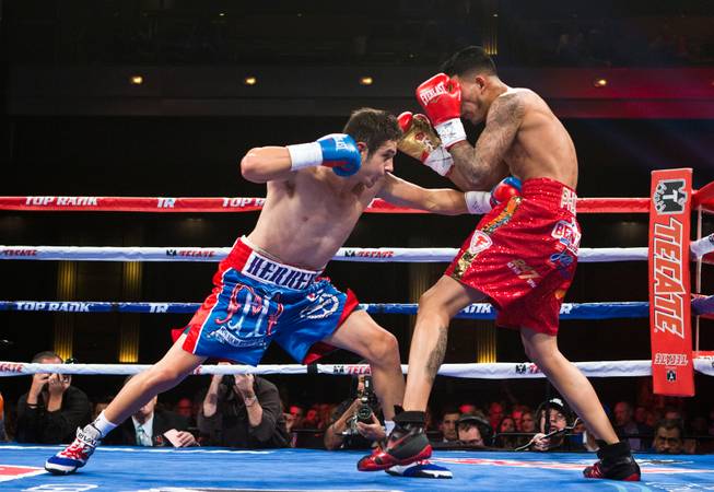 Mauricio Herrera strikes Jose Benavidez Jr. a little low during their interim WBA super lightweight title fight at the Cosmopolitan on Saturday, Dec. 13, 2014.