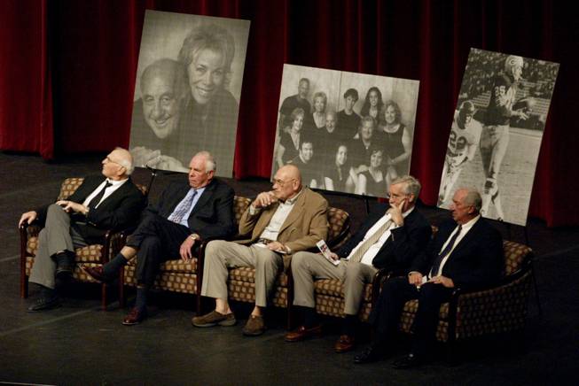 Former Green Bay Packers, from left, Fuzzy Thurston, Bob Skoronski, Ron Kramer, Boyd Dowler, Zeke Bratkowski gather at a memorial service for former teammate Max McGee at Grace Church Sunday, Oct. 28, 2007, in Eden Prairie, Minn. McGee died on Oct. 20, after falling off the roof of his home. He was 75.