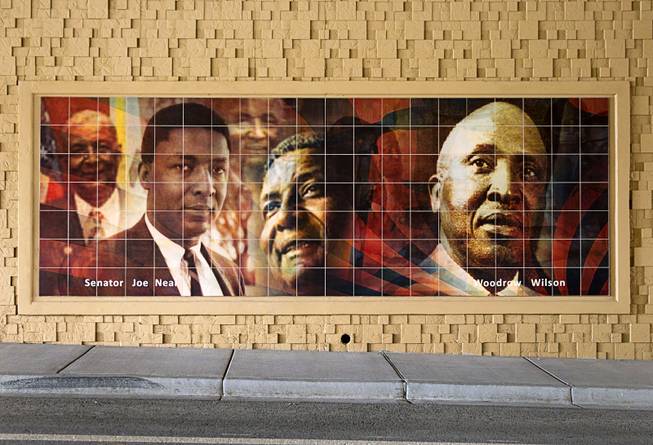 A mural featuring former state Sen. Joe Neal and Woodrow Wilson, the first African-American elected to the Nevada Assembly, is shown in the recently-opened F Street underpass at Interstate 15 Monday, Dec. 15, 2014. The underpass is decorated with 12 murals depicting scenes and people of significance to the West Las Vegas neighborhood and African-American history.