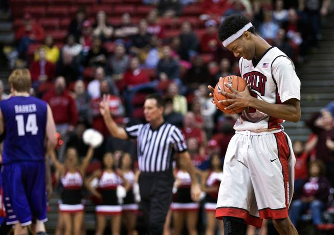 UNLV guard Patrick McCaw (2) reacts to a late-game foul call during their game versus Portland at the Thomas & Mack Center on Wednesday, December 17, 2014.