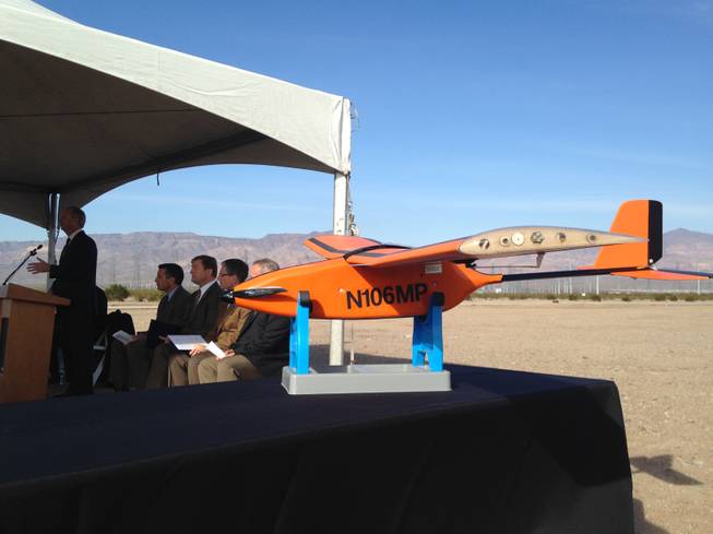 This drone, called the "Magpie," will be the first to fly in Nevada's federal drone test site program. Dignitaries including Gov. Brian Sandoval and Sen. Dean Heller attended a ceremony Friday, Dec. 19, 2014, where the Federal Aviation Administration declared it the first in the program.  