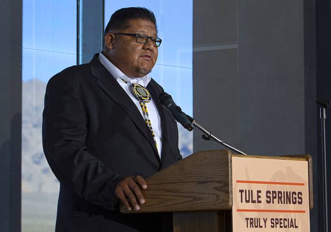 Benny Tso, chairman of the Las Vegas Paiute tribe, speaks during a news conference marking the creation of the Tule Springs National Monument at the Las Vegas Paiute Resort northwest of Las Vegas, Monday, Dec. 22, 2014. The 22,650 acre site on the northern edge of the Las Vegas Valley features fossils from the Ice Age, including mammoths, bison, American Lions, camelops and sloths.