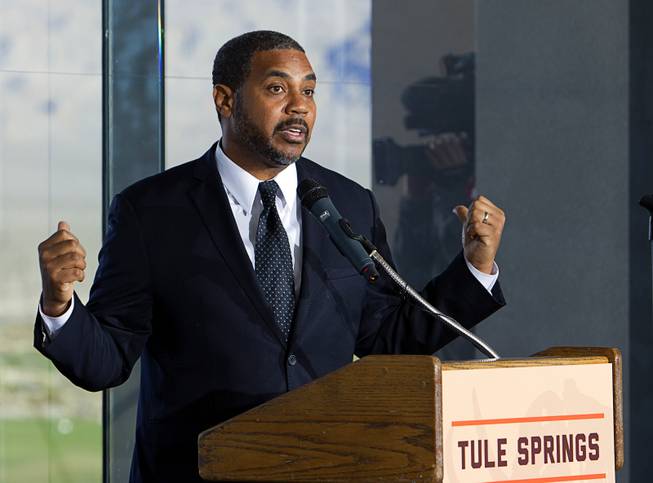 Congressman Steven Horsford (D-NV) speaks during a news conference marking the creation of the Tule Springs National Monument at the Las Vegas Paiute Resort northwest of Las Vegas, Monday, Dec. 22, 2014. The 22,650 acre site on the northern edge of the Las Vegas Valley features fossils from the Ice Age, including mammoths, bison, American Lions, camelops and sloths.