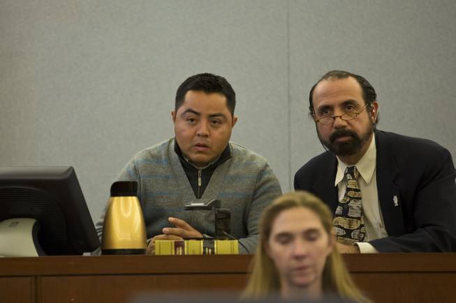 Angel Coeto Salas, at left, describes before the court, with the help of an interpreter, what he witnessed on Nov. 24 during a fatal hit-and-run, Wed. Dec. 31, 2014. 29-year-old Galina Stoyanova Kilova is accused in the hit-and-run that killed 63-year-old Michael Grubbs and injured his 18-month-old granddaughter.