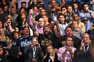 Fans cheer for their favorites as Light Heavyweight Title fighters Jon Jones and Daniel Cormier battle in their UFC182 fight at the MGM Grand Garden Arena on Friday, January 2, 2014.
