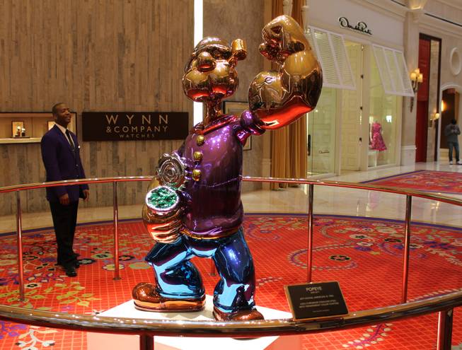 The Jeff Koons statue of Popeye the Sailor Man, which stands at the entrance of the executive offices at Wynn Las Vegas in the hotel's Esplanade retail promenade, is headed to Wynn's new resort in Everett, Mass., in late 2017. Wynn paid $28.2 million for the piece last spring.
