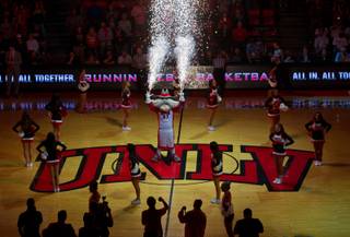 Hey Reb fires off some sparklers at the opening of the UNLV basketball game versus SJS at the Thomas and Mack Center on Saturday, January 10, 2015.