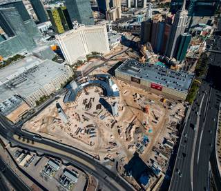 The MGM Arena construction site on the Strip behind New York-New York and Monte Carlo on Thursday, Jan. 8, 2015, as seen aboard a Maverick Helicopter.