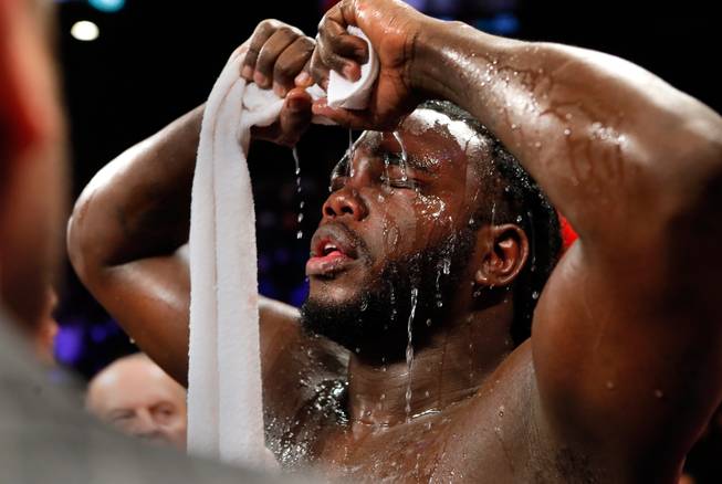 Bermane Stiverne attempts to cool down following his WBC Heavyweight fight with Deontay Wilder at the MGM Grand Garden Arena on Saturday, January 17, 2015.