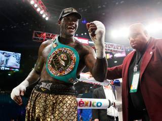 Deontay Wilder chats with fans as he celebrates the win over Bermane Stiverne following their WBC Heavyweight fight at the MGM Grand Garden Arena on Saturday, January 17, 2015.