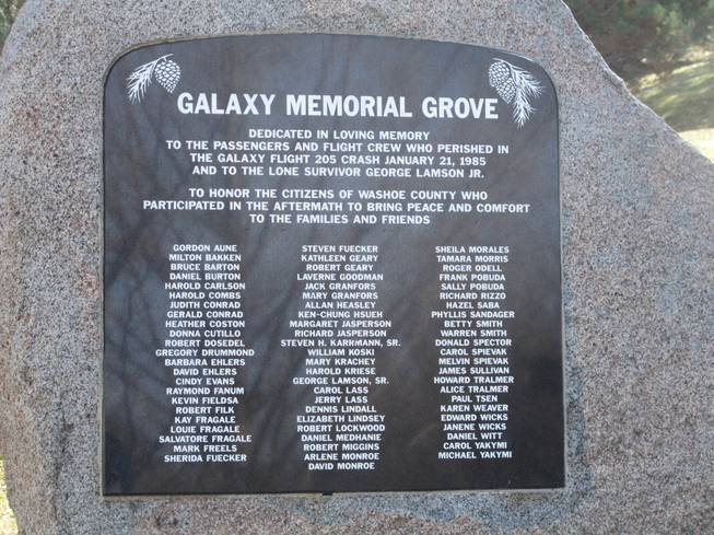 Washoe County officials have erected a new plaque in the memory of the 70 victims and lone survivor of the 1985 Galaxy Airlines Flight 203 crash in Reno on Tuesday, Jan. 20, 2015, the day before a rededication ceremony on the 30th anniversary of the tragedy. An earlier plaque was stolen two years ago near the campus of the University of Nevada, Reno.