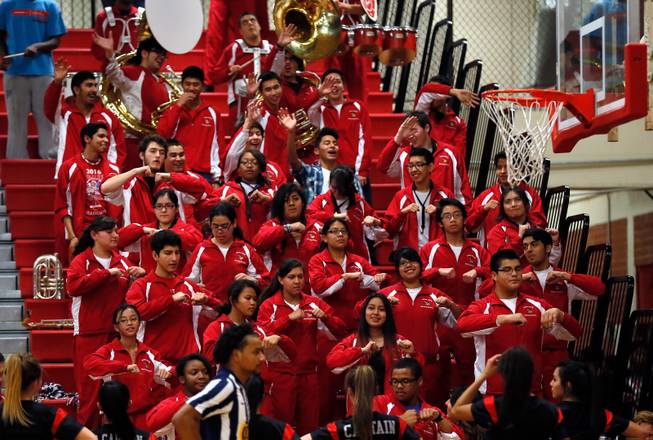 Valley High band members dance during their rivals basketball game versus Las Vegas High on Tuesday, January 20, 2015.
