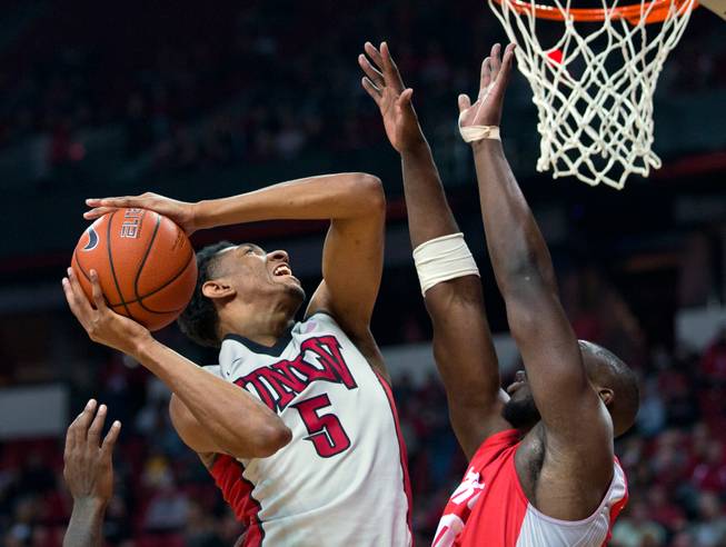 UNLV forward Christian Wood (5) posts up for a shot during their game versus New Mexico at the Thomas & Mack Center on Wednesday, January 21, 2015.
