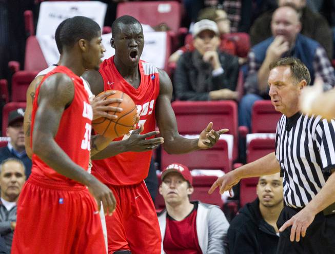 New Mexico center Obij Aget (11) is upset about a foul call during their UNLV game at the Thomas & Mack Center on Wednesday, January 21, 2015.