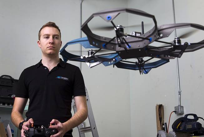 Greg Friesmuth, CEO/founder, flies the Qua.R.K. (Quad Rotor Research Kit) drone at SkyWorks, a company producing research drones, in Henderson Monday, Jan. 26, 2015.