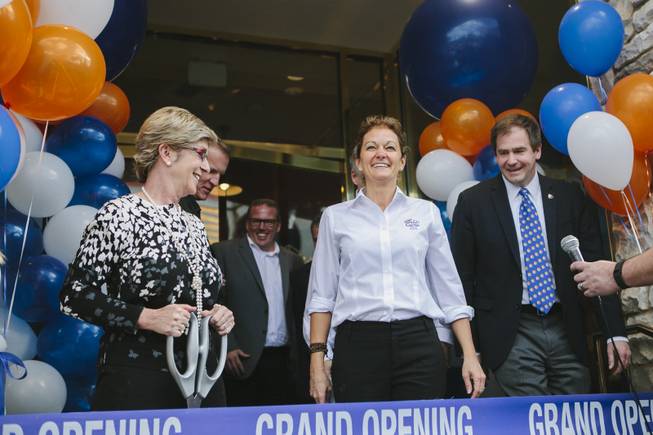Clark County Commissioner Chris Giunchigliani, from left, attends the grand opening of White Castle on the Strip, along with company executives Lisa Ingram and Jamie Richardson, at the Best Western Plus Casino Royale on the Strip on Jan. 27, 2015.