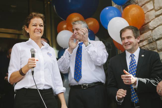 President and COO Lisa Ingram, from left, speaks at the grand opening of White Castle on the Strip, along with company executives Dave Rife and Jamie Richardson, at the Best Western Plus Casino Royale on the Strip on Jan. 27, 2015.