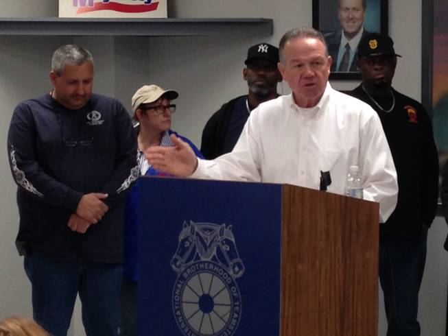 Danny Thompson, executive vice treasurer of the Nevada AFL-CIO, speaks during a press conference at the Teamsters Local 14 headquarters Tuesday, Jan. 27, 2015, in Las Vegas.