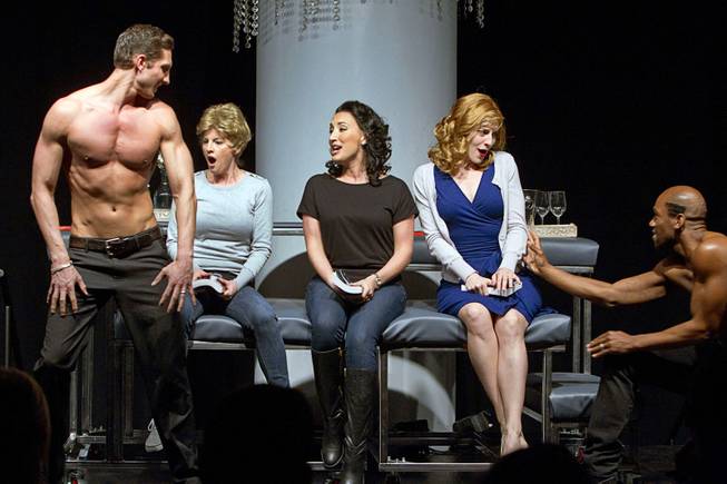 Christian Hodgson, Sabrina Plaisance Sia (Carol), Chelsea Phillips-Reid (Pam), Zipporah Peddle (Bev) and William Credell during a rehearsal for “50 Shades! The Parody” at Windows Theater on Wednesday, Jan. 28, 2015, in Bally’s. The show opens Feb. 3.