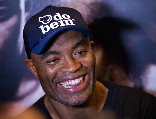 UFC 183 fighter Anderson Silva smiles during an interview after a public workout session on the MGM Grand casino floor, Wednesday, Jan. 28, 2015.