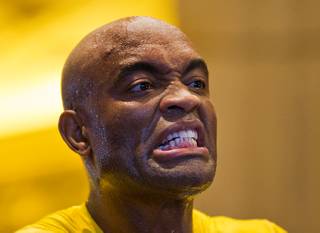 UFC 183 fighter Anderson Silva readies to make a strike during 'workouts' open to the public at the MGM Grand Casino floor on Wednesday, January 28, 2015.